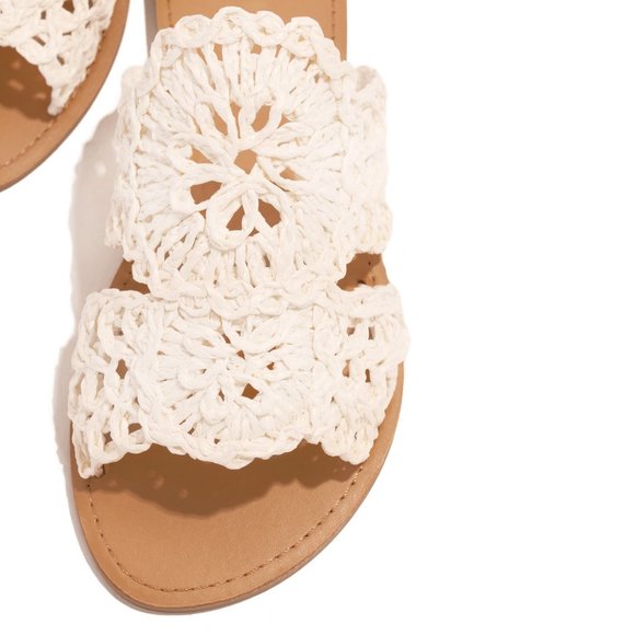 NEW Off White Crochet Lace Raffia Straw Slip On Slides Slippers Sandals Shoes - Picture 9 of 12